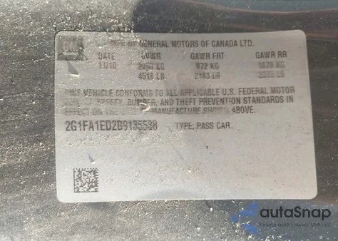 2011 Chevrolet Camaro 2Ls z USA, uszkodzony, nr VIN 2G1FA1ED2B9135538